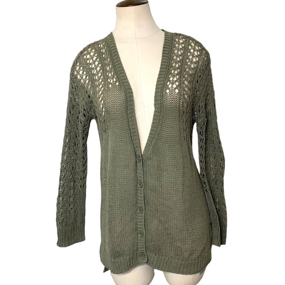 𝅺DKNY Olive Minimalist Green Crochet Knit Cardigan Sweater Deep V Neck Sz XS - Picture 1 of 10